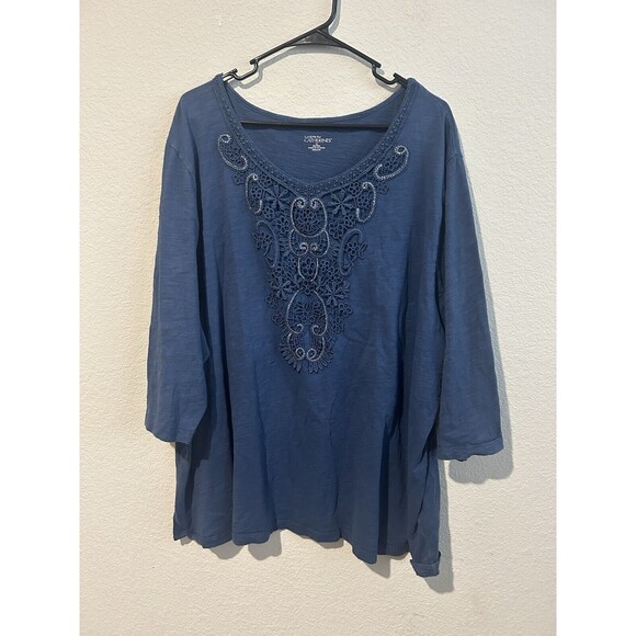 Liz And Me Catherines Blouse Womens 3X Plus Blue Floral Embroidered 3/4 Sleeve - Picture 1 of 8